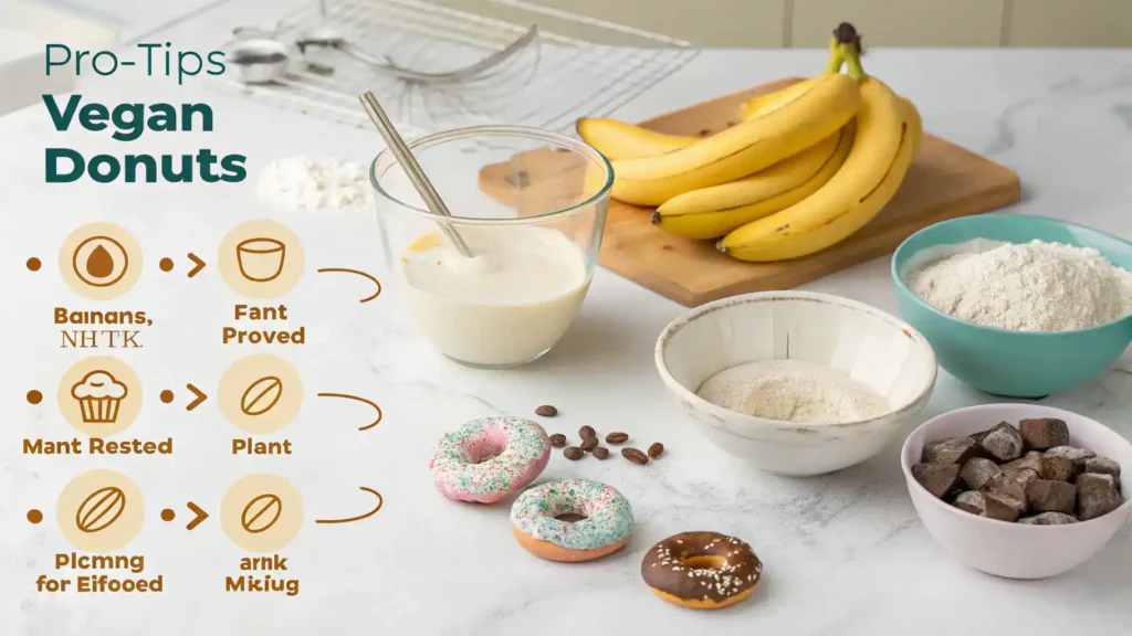 Pro tips for making vegan donuts displayed visually.
