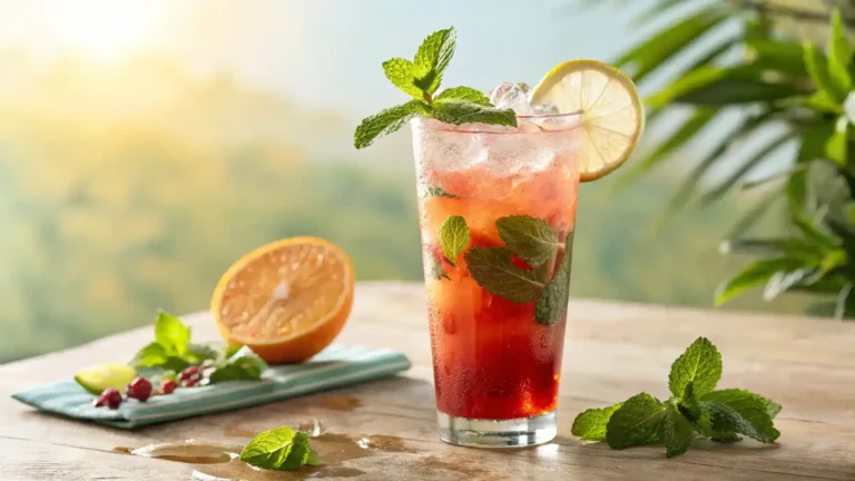 A refreshing transfusion drink served in a tall glass with mint and citrus garnish.