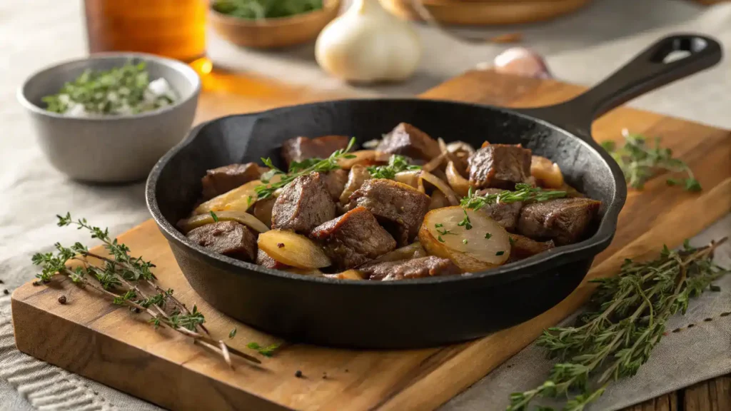 A skillet filled with delicious beef tips, sautéed onions, and garlic, garnished with fresh herbs.
