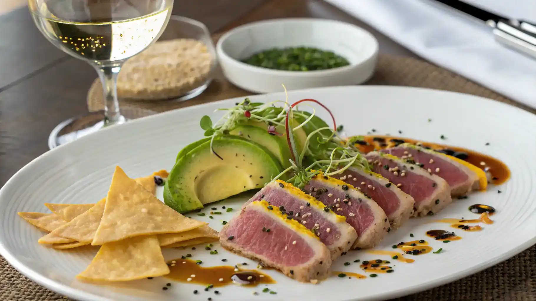 Hamachi crudo served with garnishes and side dishes.