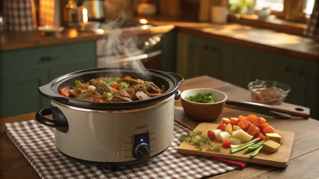 A slow cooker filled with chopped beef and vegetables, steaming.
