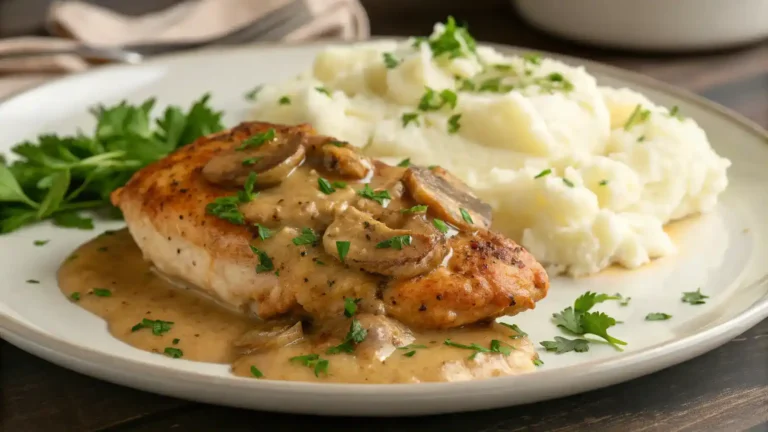 Delicious smothered chicken served with mashed potatoes and gravy.
