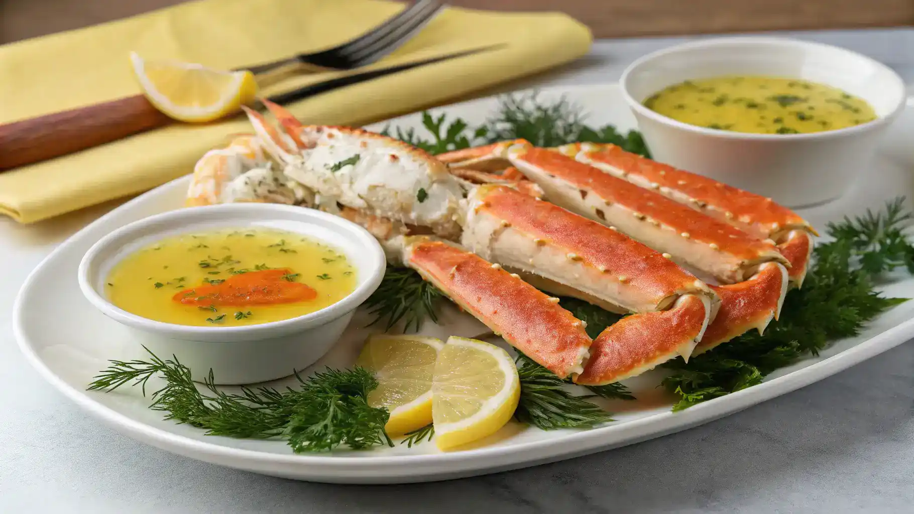 Plated snow crab legs with melted butter and lemon wedges.