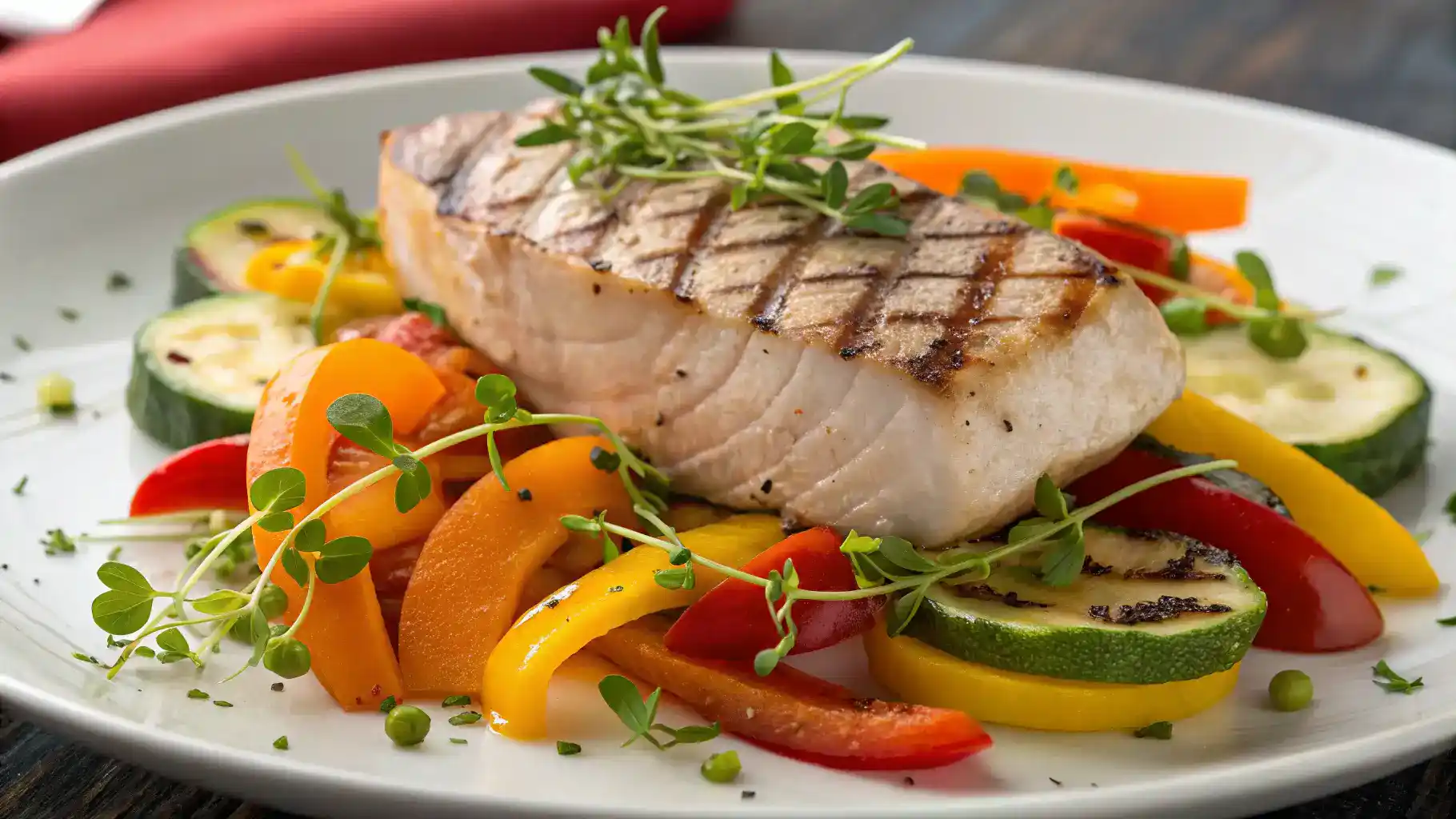 A beautifully plated swordfish dish with colorful vegetables and garnishes.