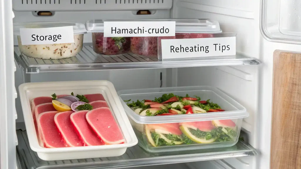 Storage tips for hamachi crudo displayed in a kitchen environment.