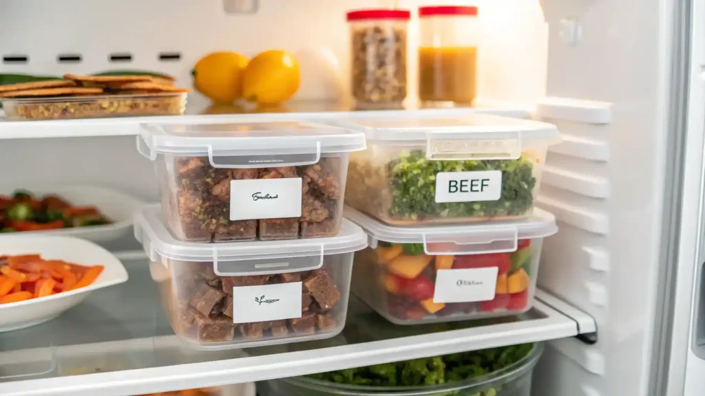 Containers of chopped beef leftovers stored in a refrigerator.