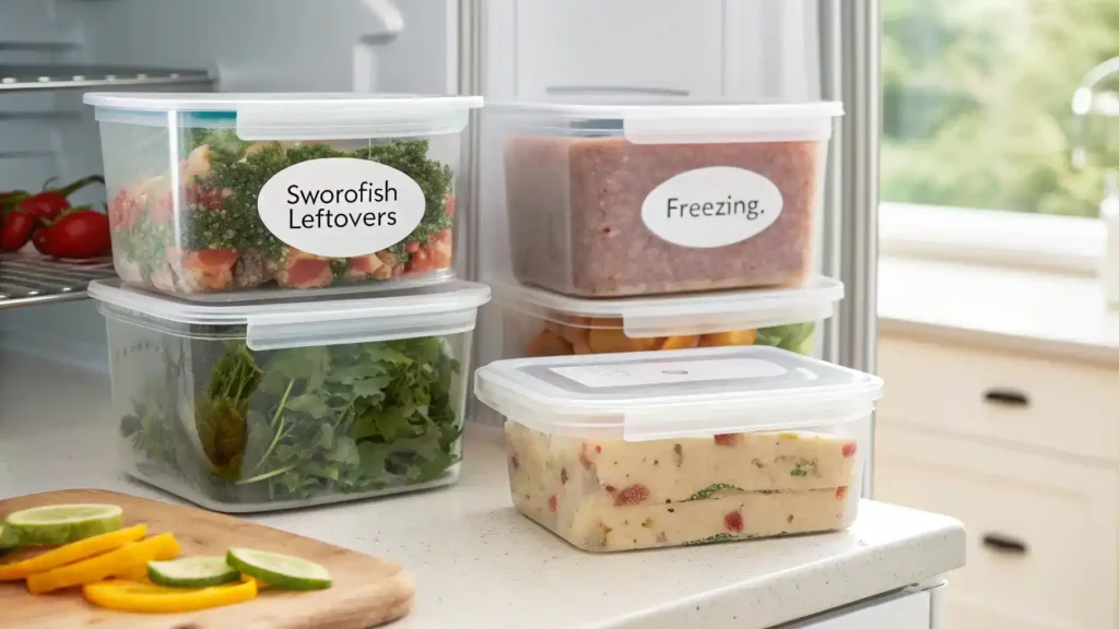 Proper storage of swordfish leftovers in airtight containers.