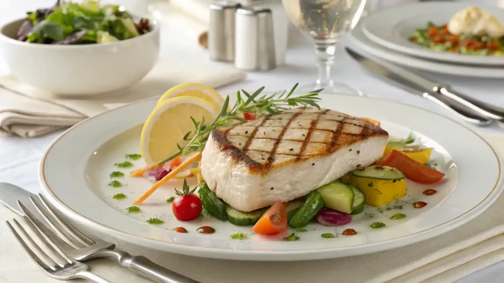 A beautifully served swordfish dish on a dining table with side dishes.