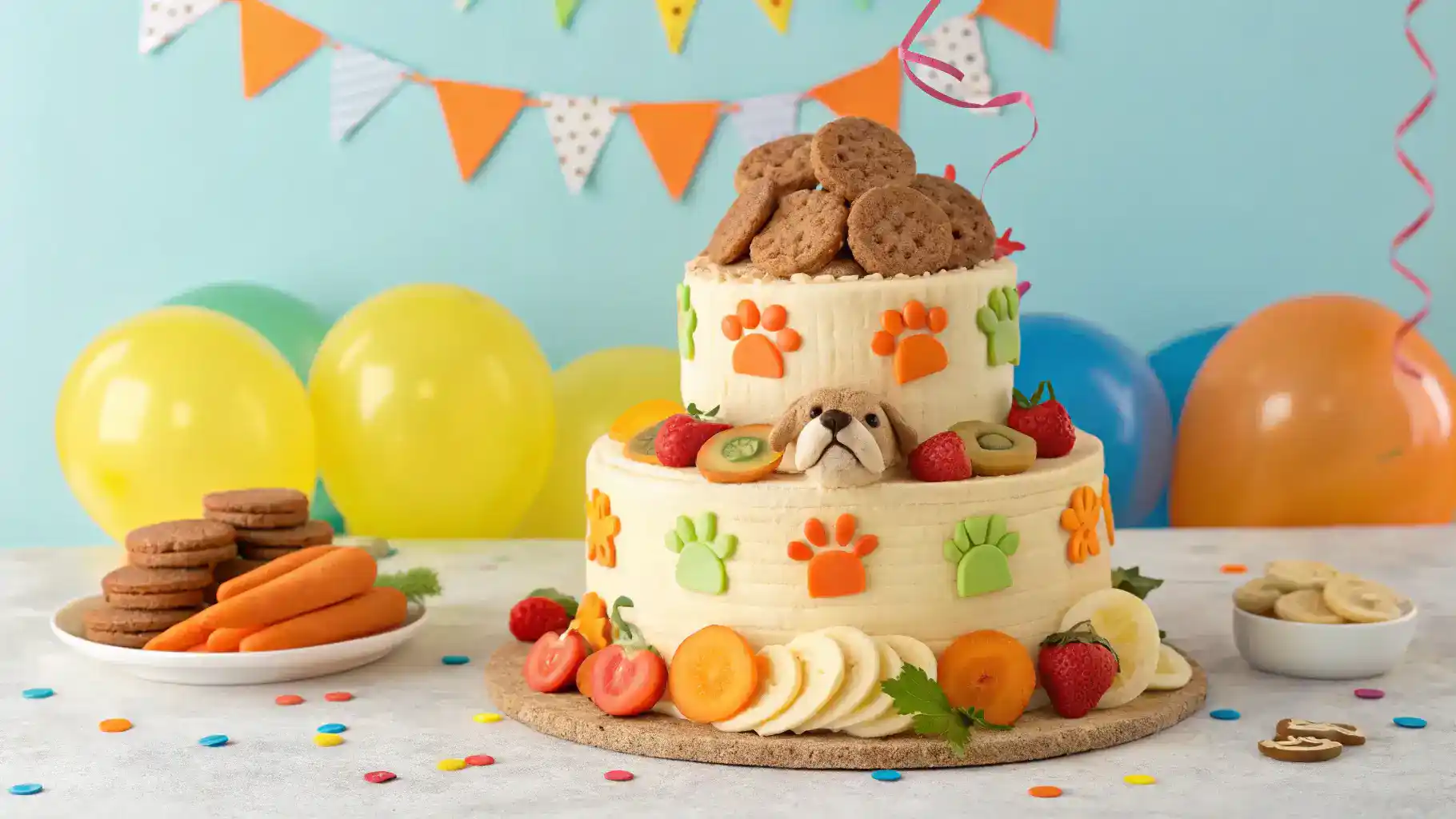 A beautifully decorated dog birthday cake ready for celebration.
