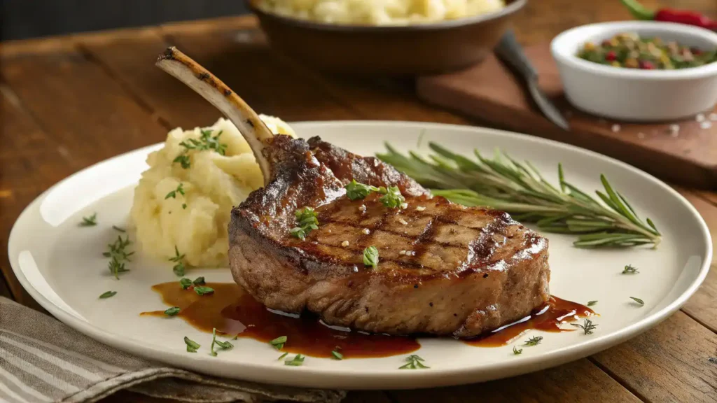 A beautifully plated veal chop with herbs and sauce.