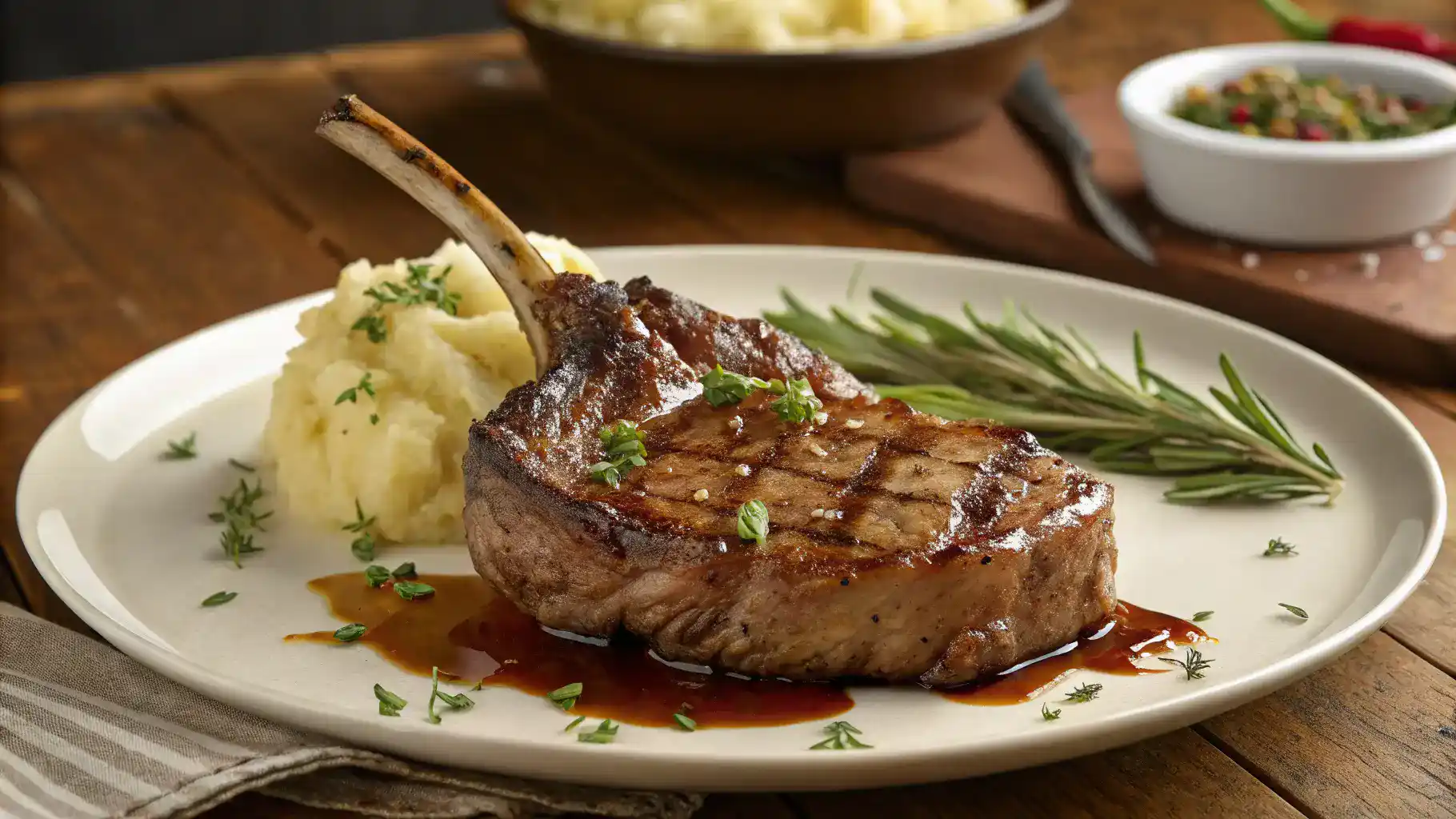 A beautifully plated veal chop with herbs and sauce.