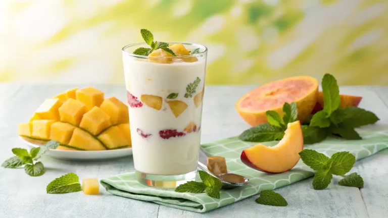 A refreshing yogurt drink served in a tall glass with fruits.