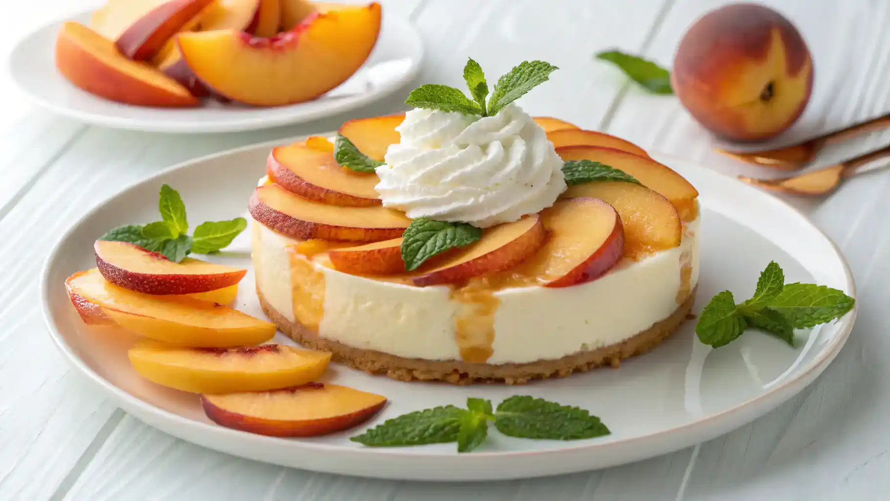 A beautifully plated peaches and cream dessert with fresh peach slices and whipped cream.