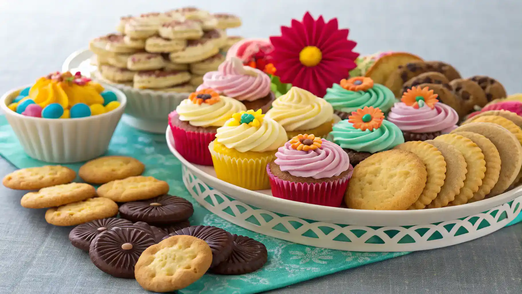 A colorful platter of assorted baked goods including cookies, cupcakes, and pastries.