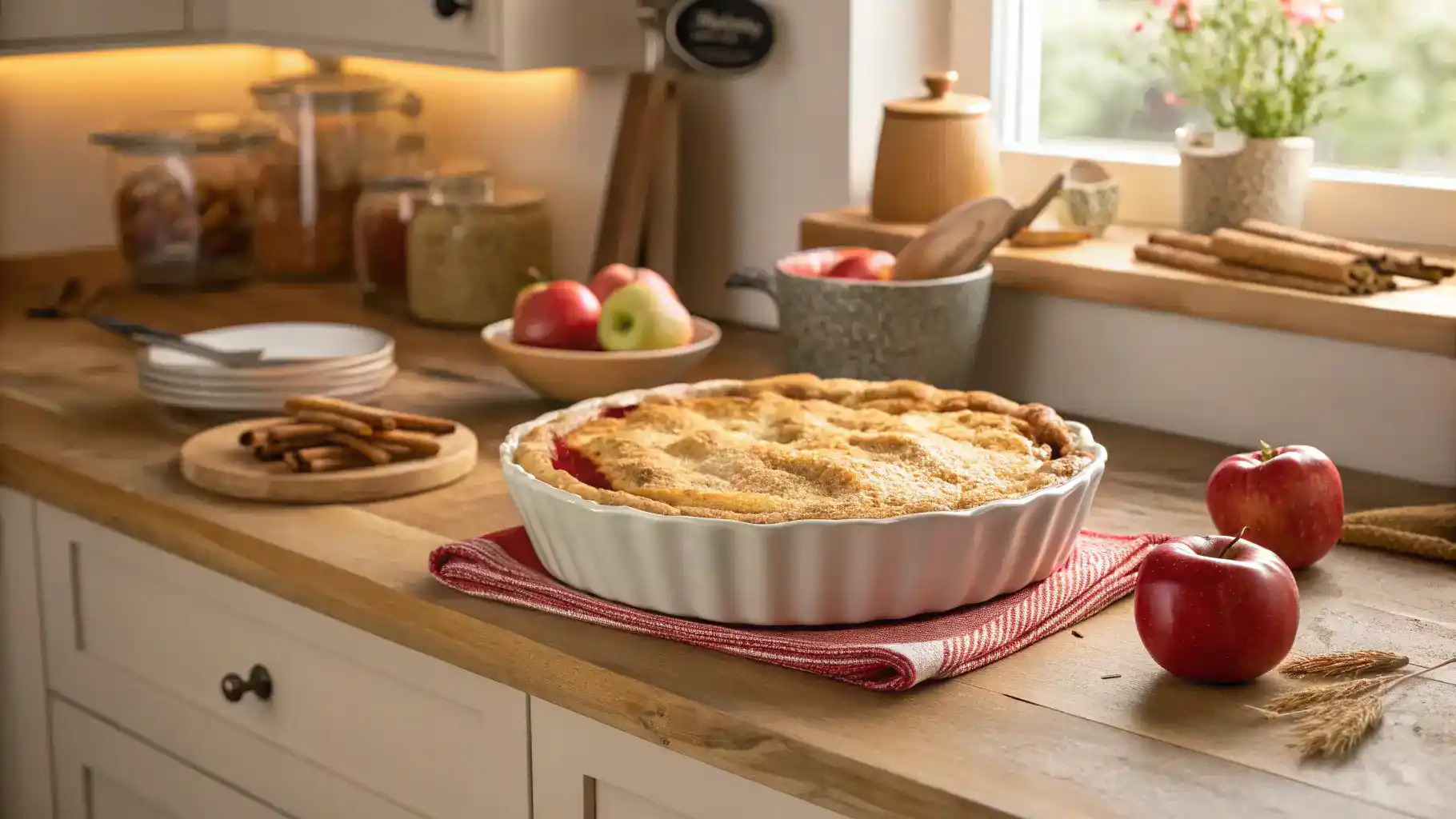 A freshly baked Pink Lady apple pie with a golden crust.
