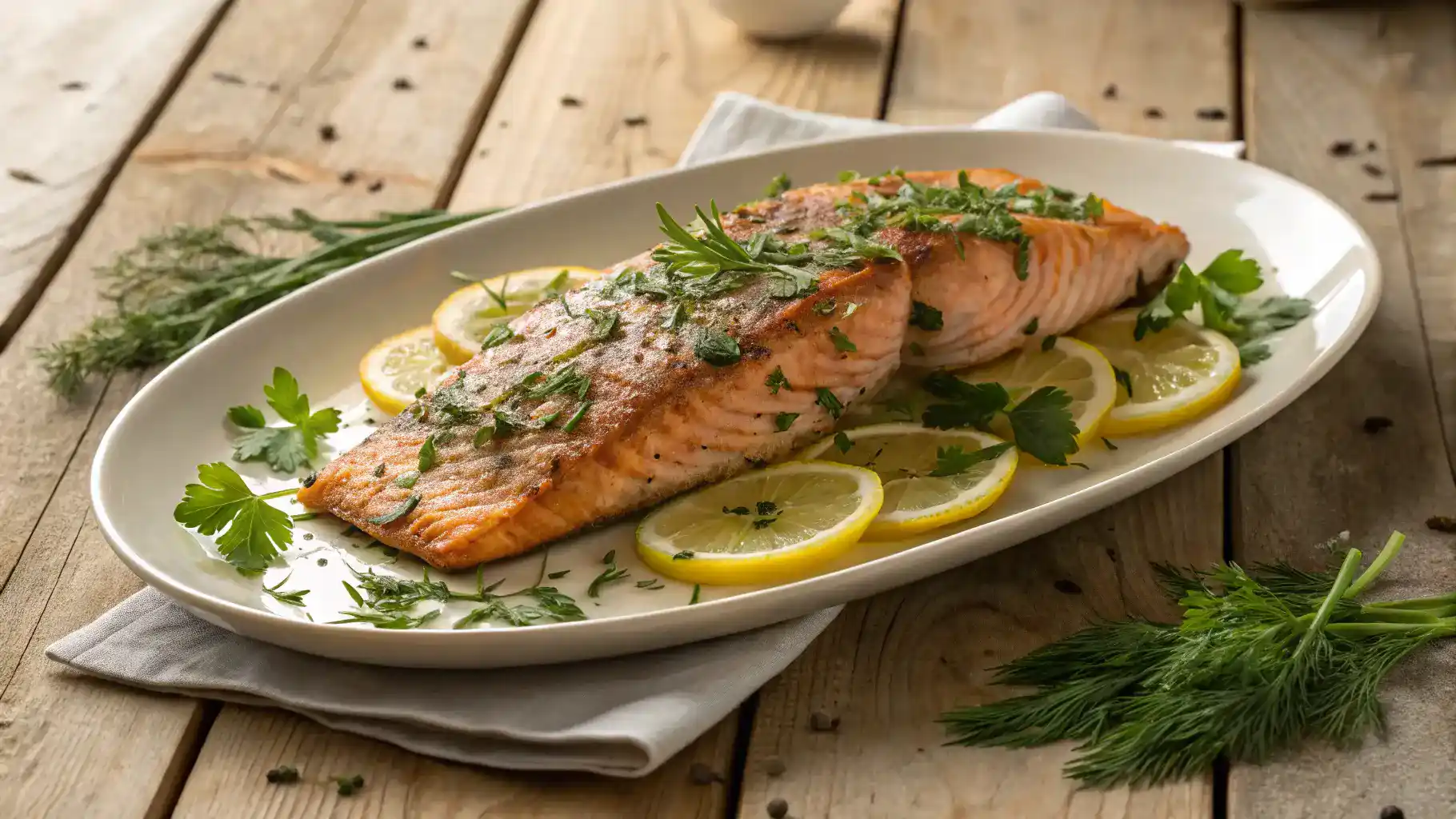 A deliciously baked steelhead trout fillet garnished with fresh herbs and lemon slices on a rustic wooden table.