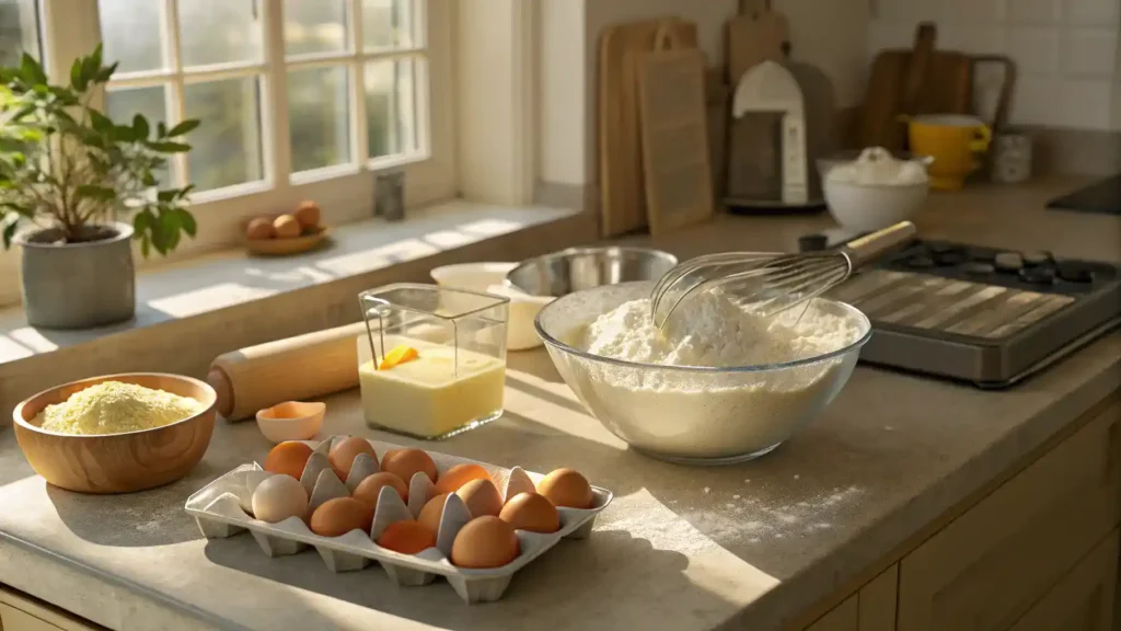 A kitchen scene with baking ingredients and tools laid out for making treats inspired by Publix Bakery.