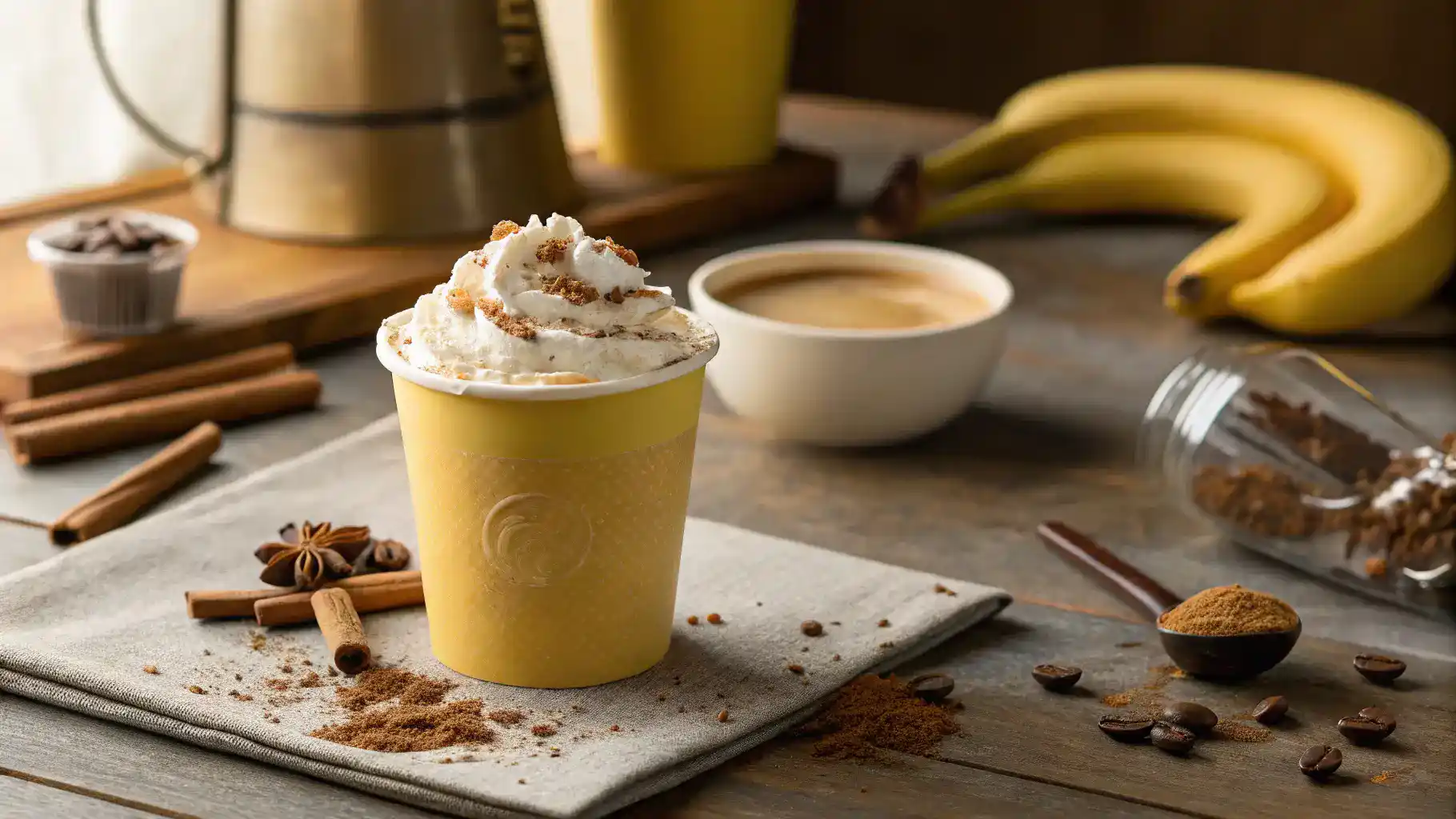A cozy cup of banana coffee topped with whipped cream and cinnamon, ready to be enjoyed.