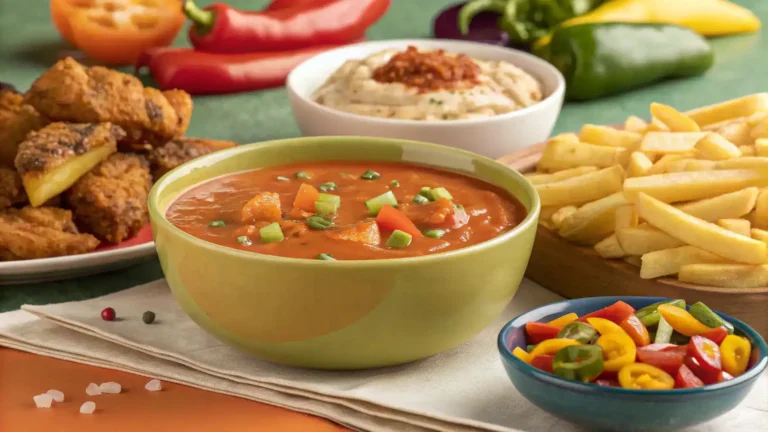 A bowl of Boom Boom Sauce surrounded by fries, chicken, and fresh veggies.