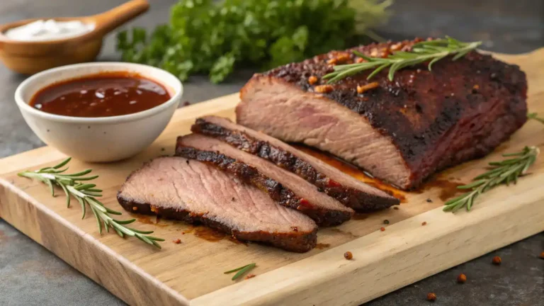 A beautifully cooked brisket with a rich rub, garnished with herbs and served with BBQ sauce.