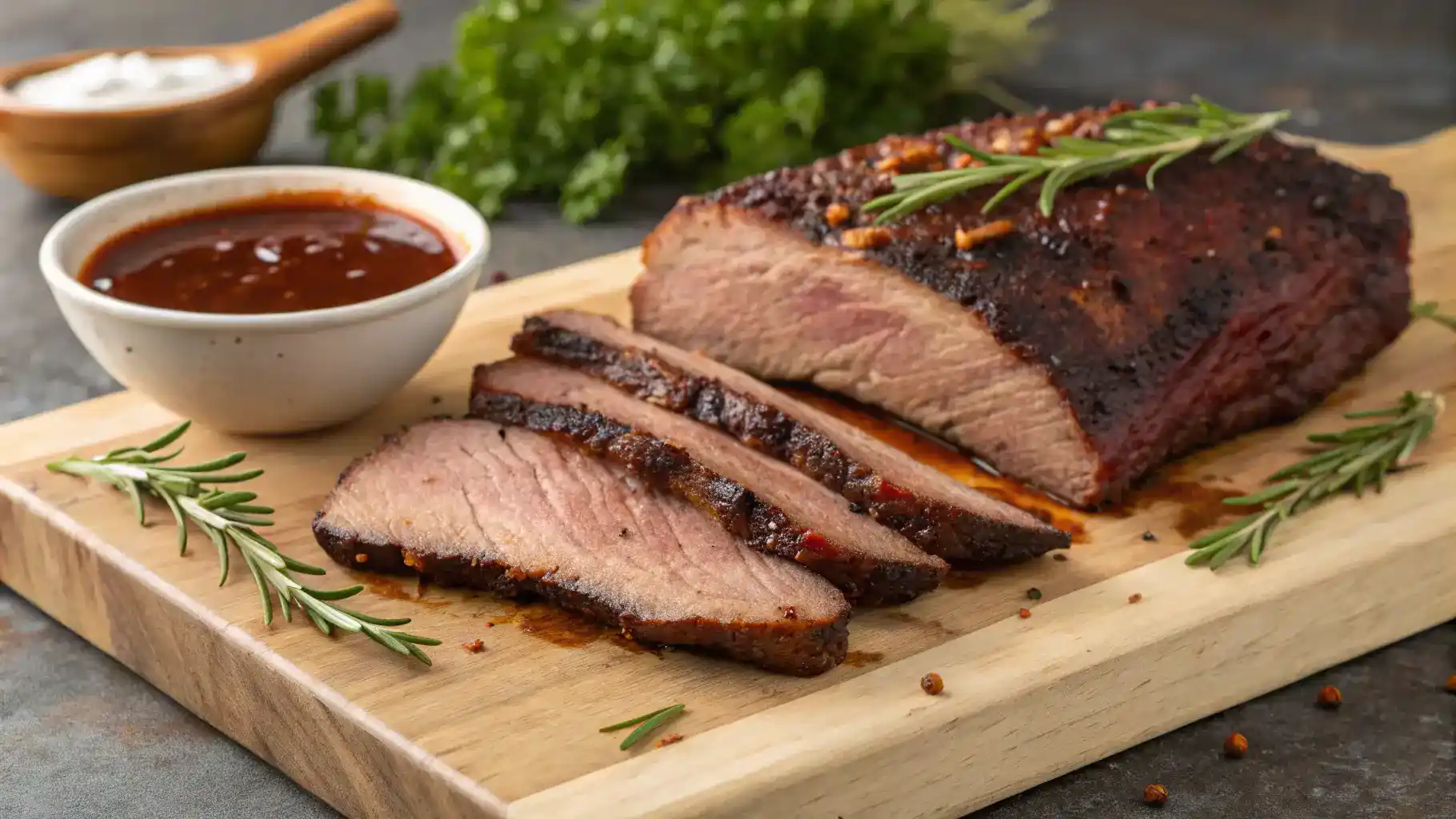 A beautifully cooked brisket with a rich rub, garnished with herbs and served with BBQ sauce.