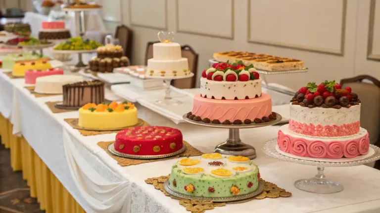 A selection of beautifully decorated cakes showcasing different flavors.