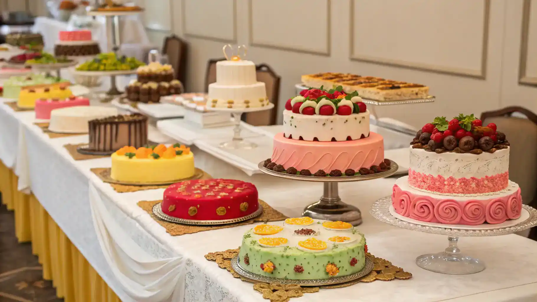 A selection of beautifully decorated cakes showcasing different flavors.