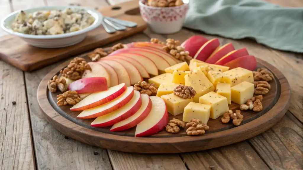 A cheese platter with Pink Lady apple slices and cheddar cheese.