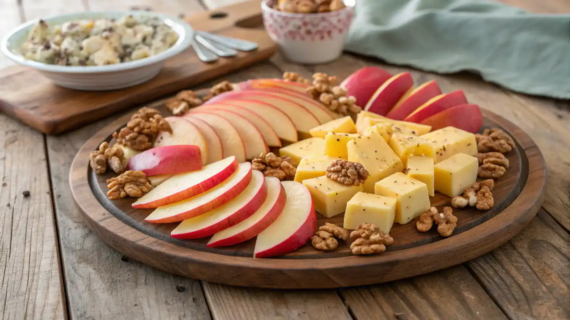 A cheese platter with Pink Lady apple slices and cheddar cheese.