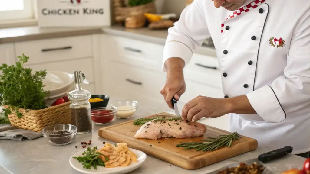 A chef preparing Chicken King with fresh herbs and spices.