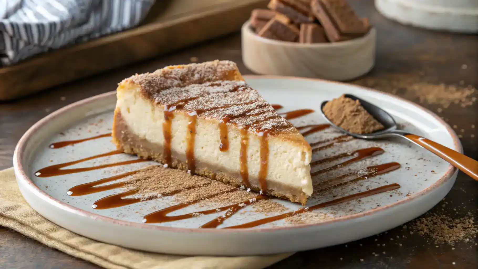 Delicious churro cheesecake topped with cinnamon sugar and caramel sauce.