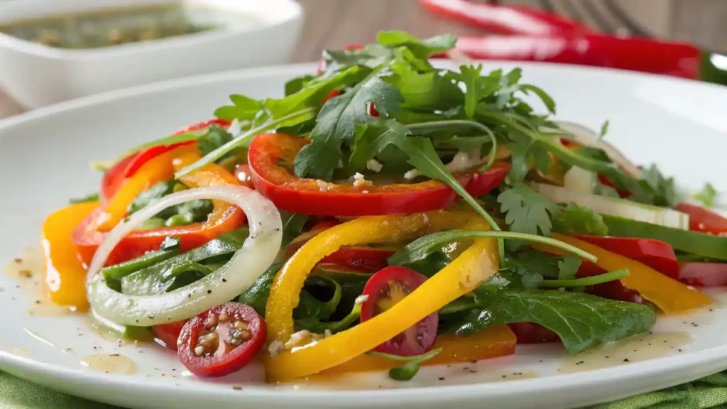 A colorful salad with sliced sweet peppers and mixed greens.