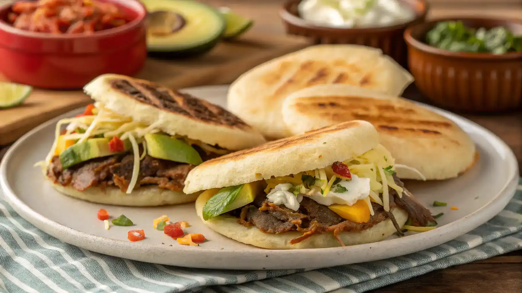 A colorful plate of arepas made with harina pan, filled with cheese, vegetables, and served with salsa.