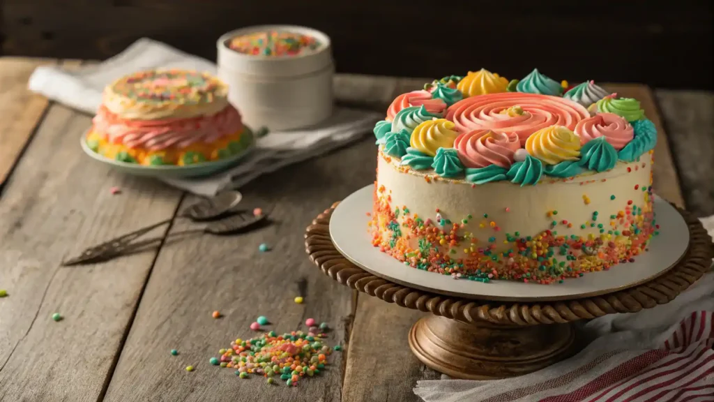 A beautifully decorated cake inspired by Publix Bakery, featuring colorful frosting and sprinkles.