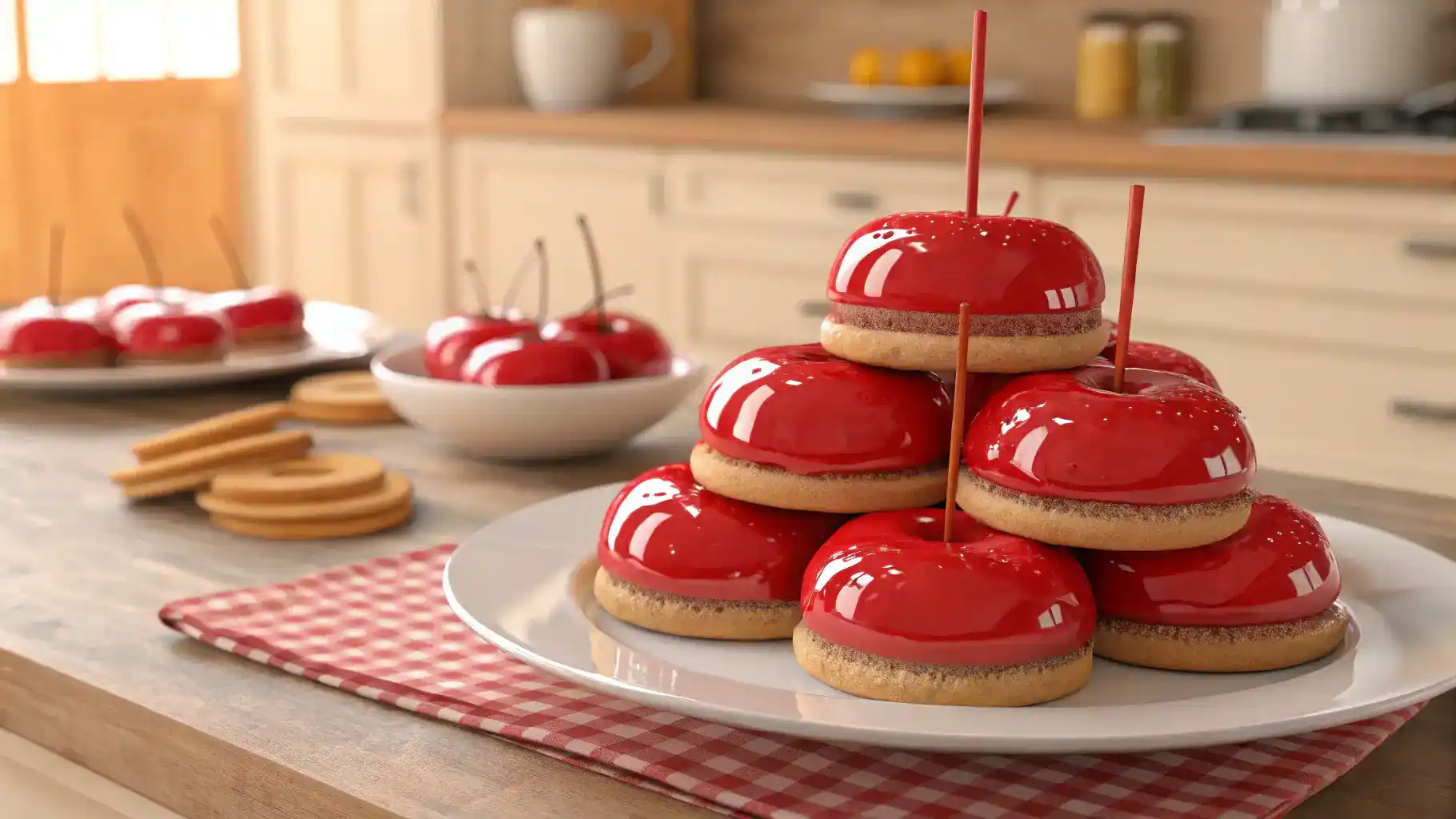 Freshly baked candy apple cookies stacked on a plate.