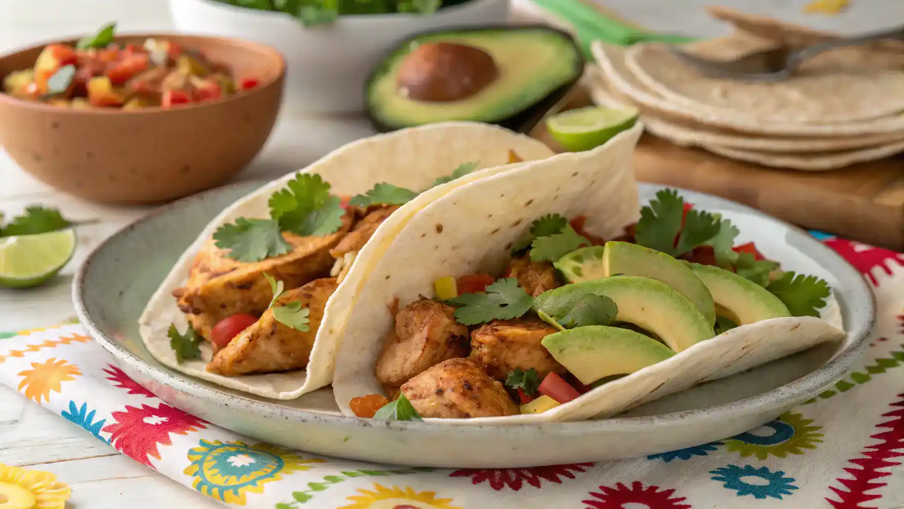 A completed Chicken Fiesta served in warm tortillas with toppings.