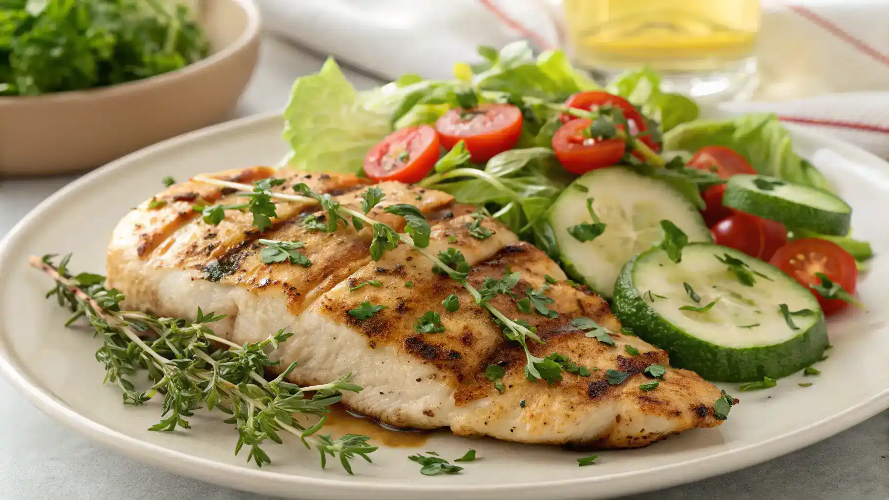A beautifully plated chicken paillard with salad.