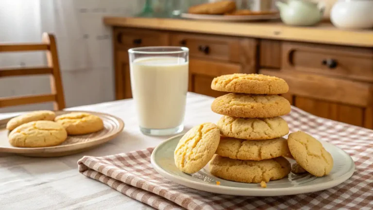Freshly baked corn flour cookies on a plate with a glass of milk.