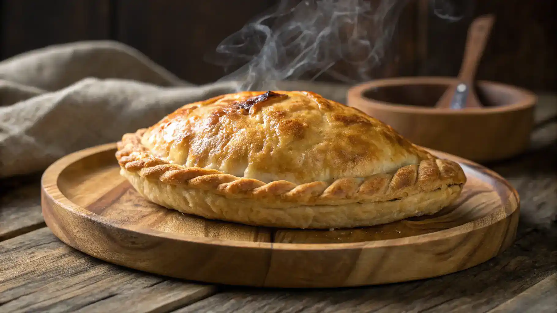 A freshly baked Cornish pasty on a rustic plate, showcasing its golden crust.