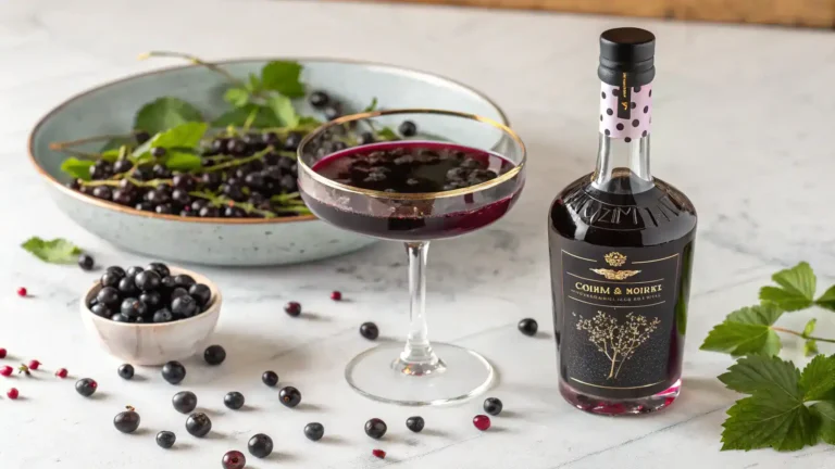 A bottle of homemade creme de cassis with fresh blackcurrants and a cocktail glass.