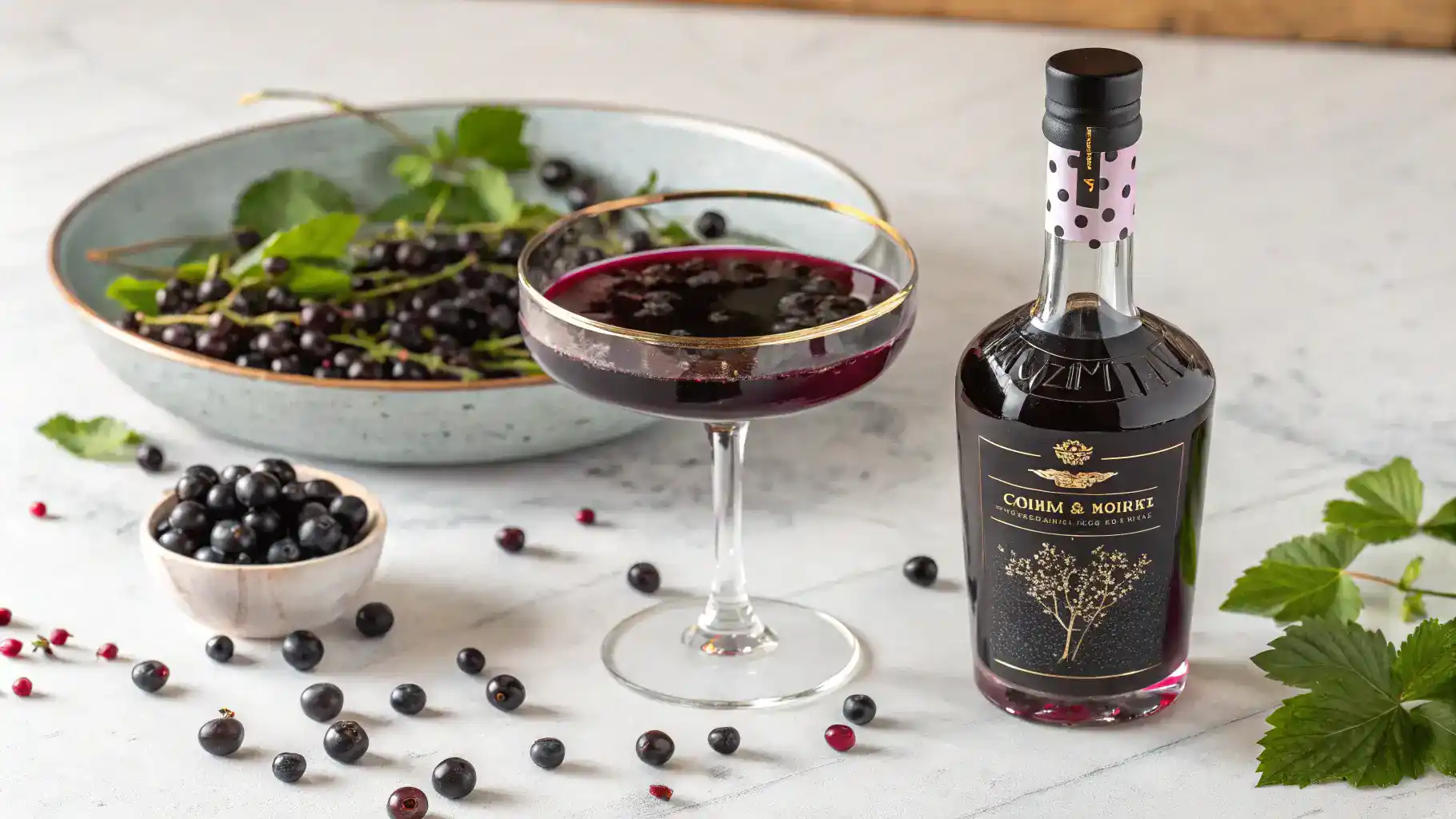 A bottle of homemade creme de cassis with fresh blackcurrants and a cocktail glass.
