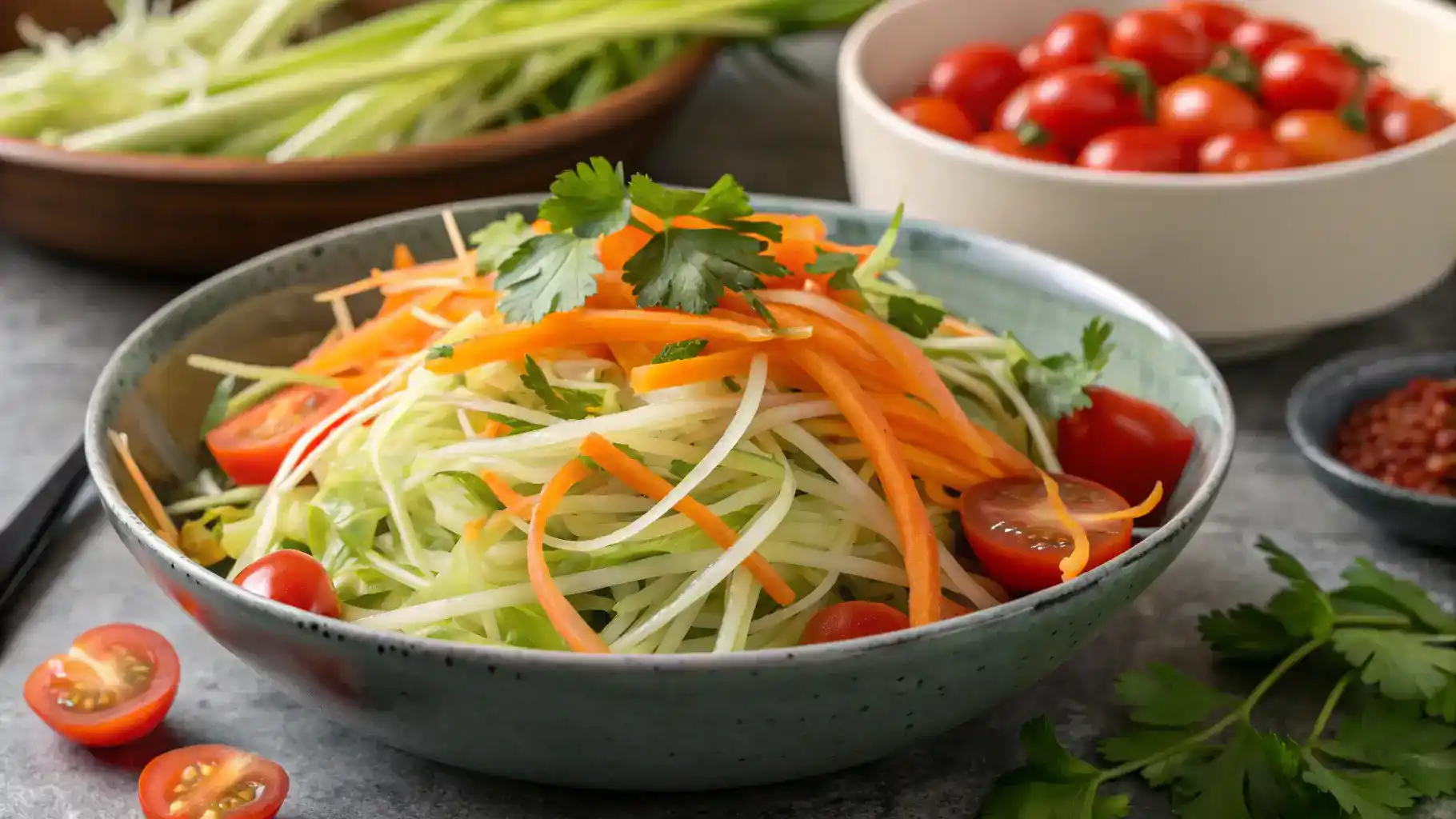 A colorful green papaya salad with shredded papaya, carrots, cherry tomatoes, and cilantro in a bowl.