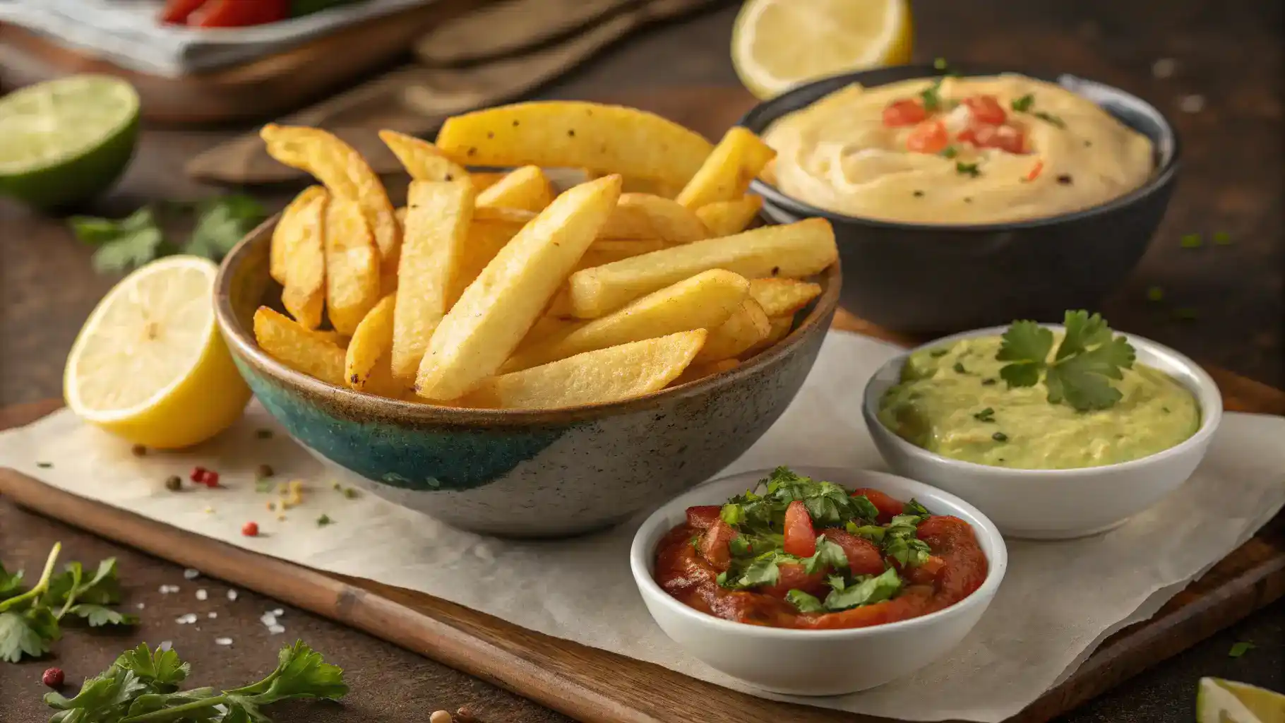 A bowl of crispy hot chips served with dips and garnishes.