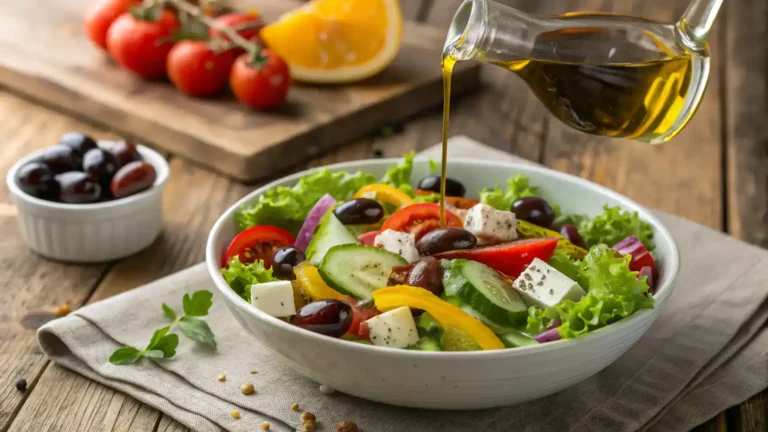 A colorful salad with Kalamata olives, fresh vegetables, and olive oil on a wooden table.