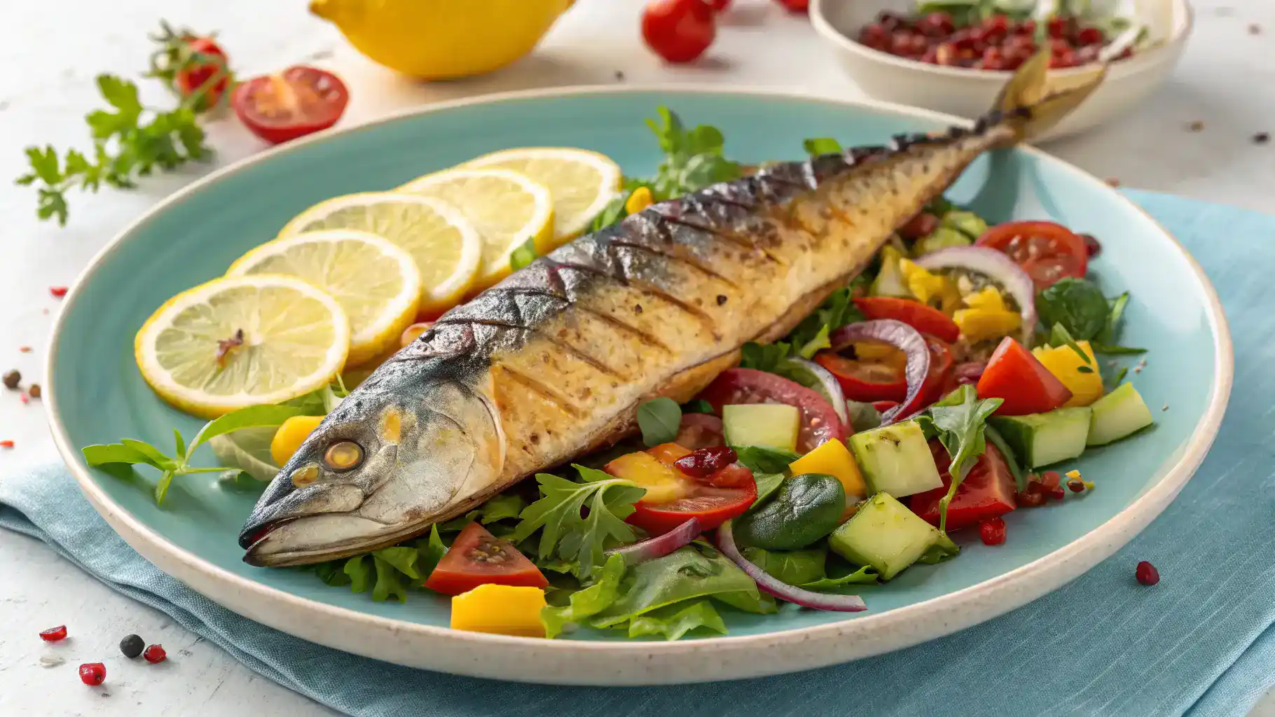 A beautifully plated mackerel fish dish with colorful sides.