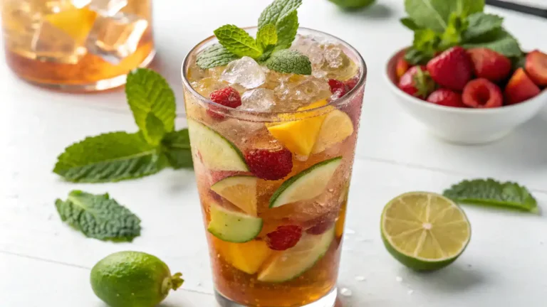 A tall glass of Pimms mocktail garnished with fresh mint and fruits.