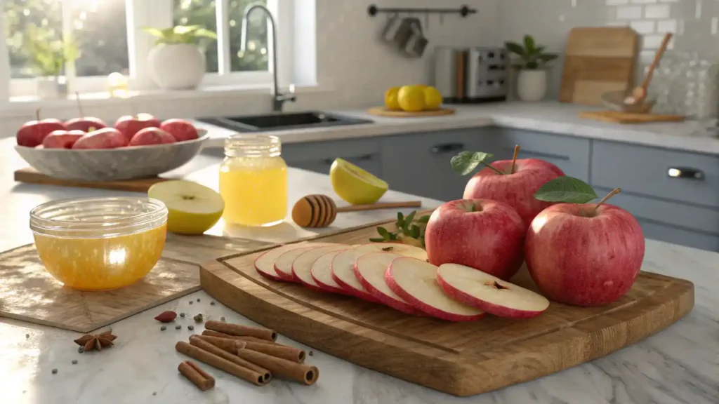A colorful dish featuring sliced Pink Lady apples drizzled with honey and sprinkled with cinnamon.