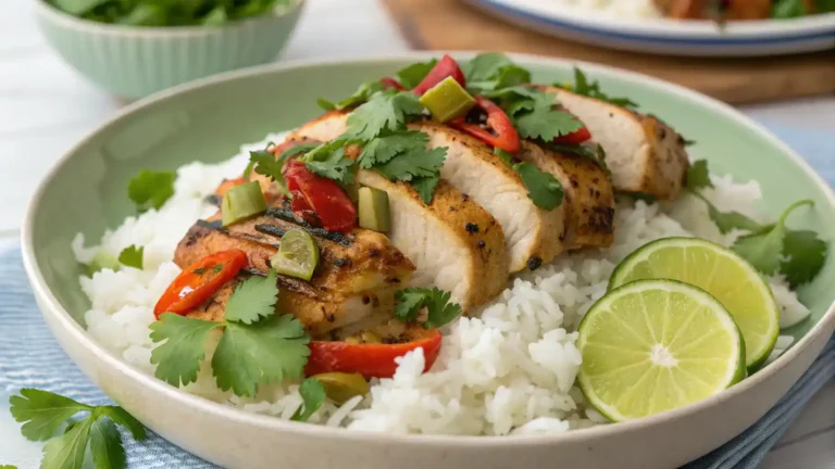 A beautifully plated Poulet Thailand dish with jasmine rice.