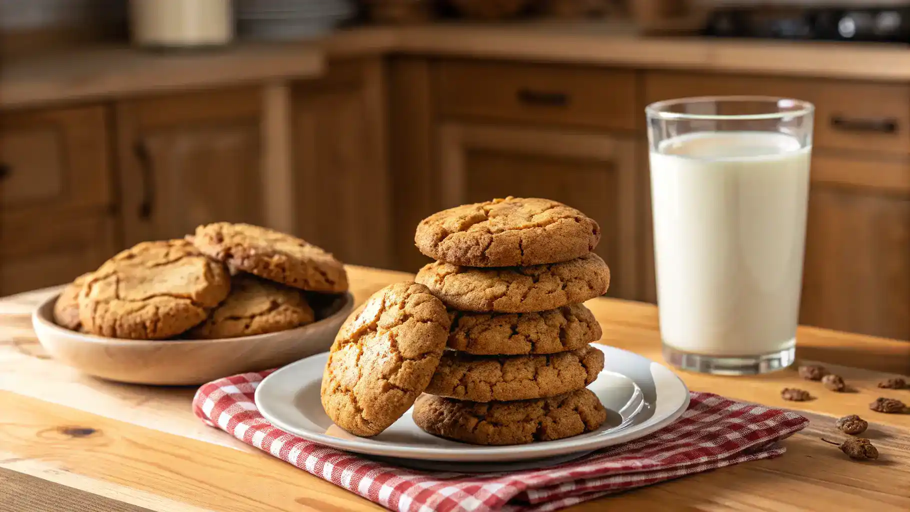 Freshly baked protein cookies on a plate with a glass of milk.