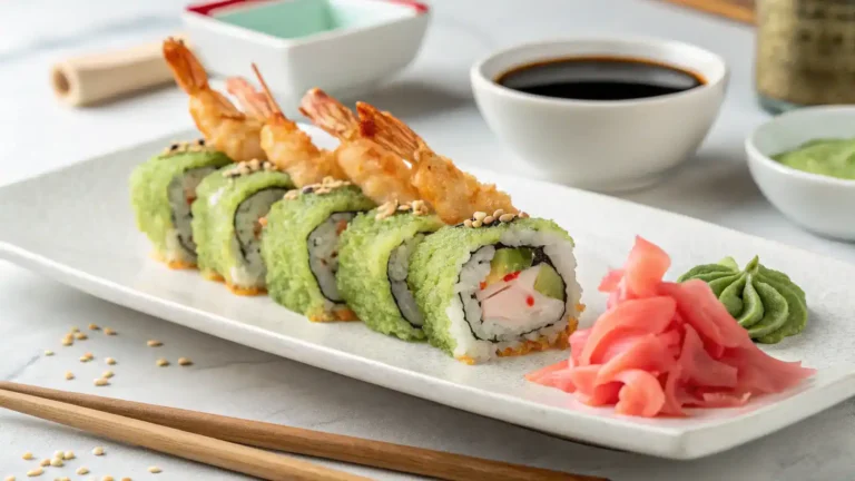 A beautifully plated shrimp tempura roll garnished with wasabi and pickled ginger.